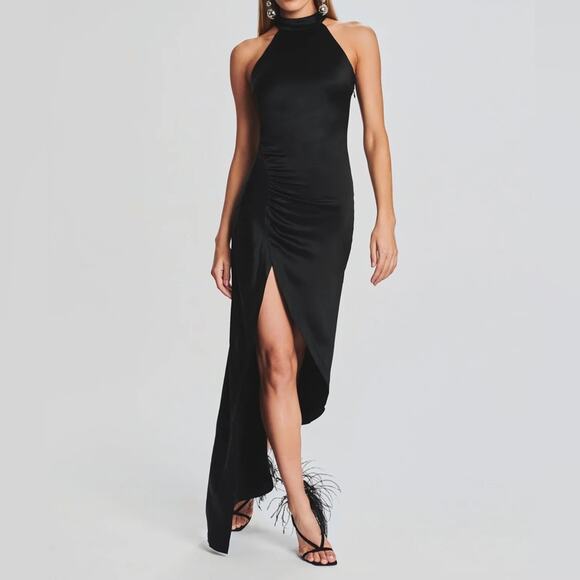 Retrofete Women’s Sab Dress in Black Satin Silhouette Halter Mock Neck
